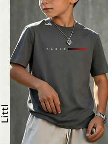 Tween Boys Casual Navy Blue Round Neck Printed Short Sleeve T-Shirt, Summer Top - Dark Grey - View 2
