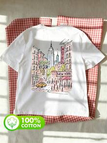 Women's Vacation Street 100% Cotton Watercolor New York City Graphic Crew Neck Short Sleeves Casual Minimalism Summer Women's White Tops T-Shirts - White - View 5