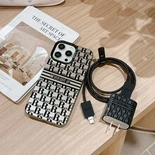 Bộ 6 món ốp lưng điện thoại màu bạc đen tích hợp họa tiết chữ đen, bao gồm: nắp bảo vệ đầu sạc, bảo vệ cáp, dây đeo, dây quấn cáp dữ liệu, ốp bảo vệ chống sốc bằng TPU. - Nhiều màu - Xem 2