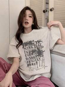 Camiseta de manga corta con estampado de letras Y2K para mujer, top holgado de estilo Ins para verano - Negro - Ver 5