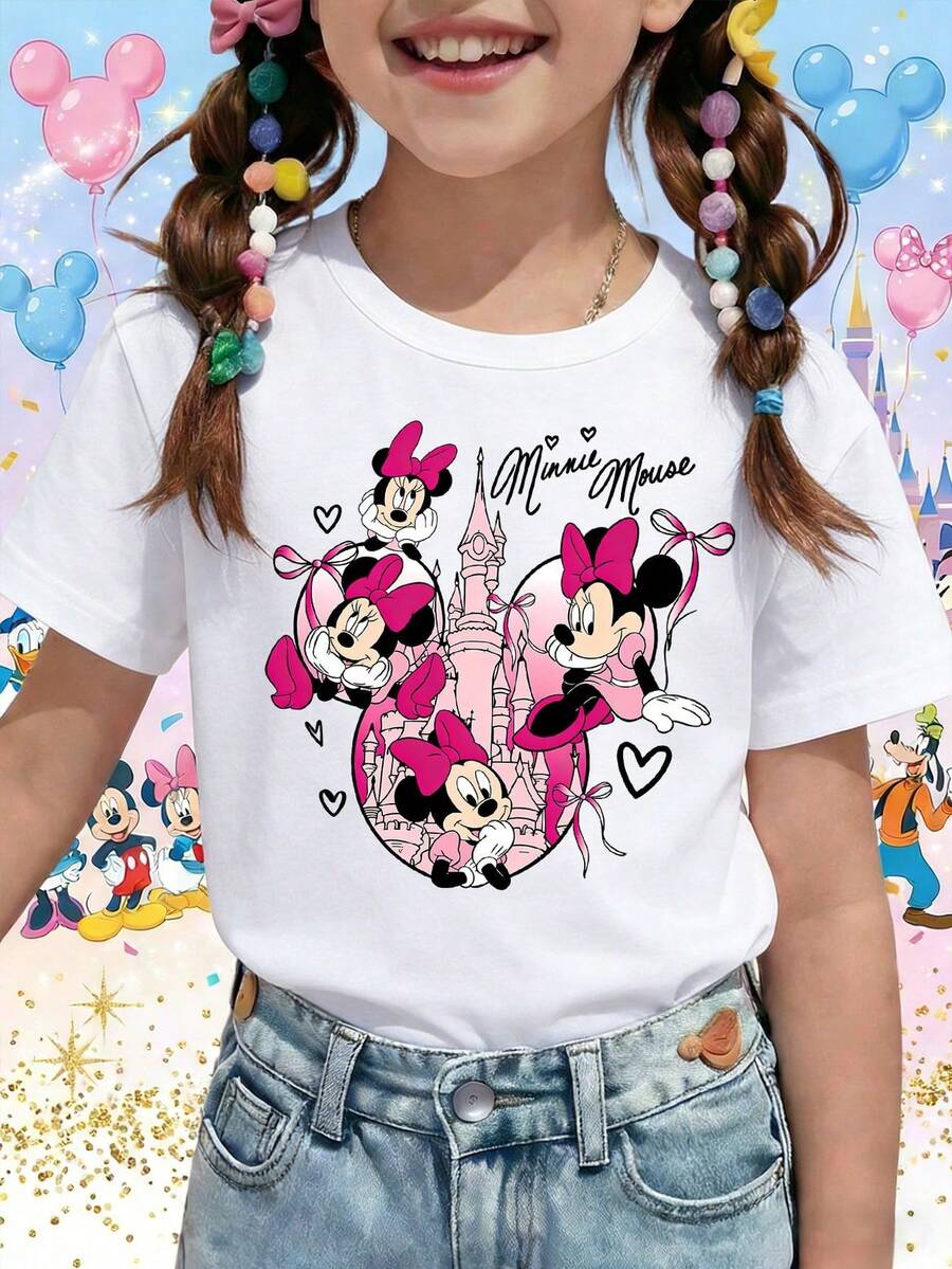 Disney Minnie Mouse Pink Castle Dreamy Hearts Triple Pose Printed Pattern T-Shirts For Girls - Children's Clothing Design Short-Sleeved Casual And Cute Style Comfortable And Casual Wear All Year Round Suitable For Parties And Play Machine Washable Gift Children's Clothing Girls' Short-Sleeved Shirts - trắng - Xem 1