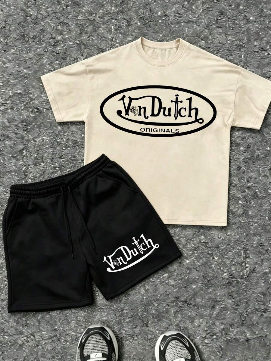 Mens Creative T Shirt And Shorts Set American Vintage Full Print Street Wear Essential T Shirt Set Men Graphic T Shirt And Shorts Set With Vonn Dutch Originals Logo Print - 杏色 - 查看 1