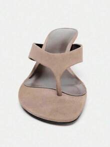 2026 Sandal cao gót nữ mới, sandal xỏ ngón mũi hở da lộn, dép cao gót mảnh đi ngoài trời, gót mèo, dép xỏ ngón, giày mùa hè - Màu be - Xem 3