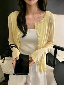 春/夏新款蕾絲拼接花卉飾邊軟針織開襟衫輕便外套上衣女款，鄉村風 - 黃色 - 查看 1