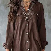 Camisa de mujer de manga larga de poliéster marrón, con cuello, diseño corto delante y largo atrás con bolsillos, para primavera - Albaricoque - Ver 4