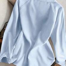 Women's fashion  Camisa de manga larga con cuello en V bordada, de ajuste relajado y unicolor, para mujer - Azul marino - Ver 3