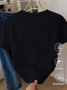 Short-Sleeved T-Shirt For Spring, Suitable For Streetwear. Oversized Crew Neck Top For Everyday Outings, Camping, Concerts, Hip-Hop, Rock, And Rap Events. Made In Mexico. Cartoon Print, Couple Design, Suitable For Indoor Or Outdoor Wear. Crew Neck, Unisex, Ideal For The Office And Leisure. One-Pack. - 黑色 - 查看 3