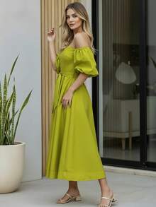 Women's Off Shoulder Long Dress Adjustable Belt Puff Sleeve - Kiwi - Xem 2