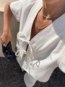 Conjunto de top con manga corta y amarre al frente, y pantalones vaqueros de corte holgado para mujer - Blanco - Ver 7