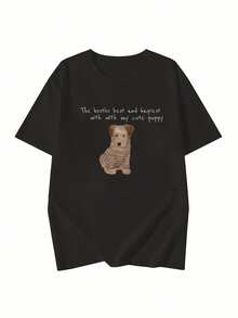 Women's Loose-Fitting Short-Sleeved T-Shirt, Fresh And Sweet Style, Striped Shirt With Dog And Letter Print, Pure Cotton Fabric, Y2K Style, Suitable For Everyday Summer Wear, Versatile Casual Sports Top. - 黑色 - 查看 2