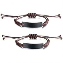 Women Charm Bracelet - Curved Plate - Steel Color + Waxed Rope - Pink - View 2