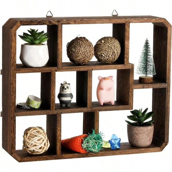 Estantería de caja de sombras rústica, 9 compartimentos, estantes flotantes de madera colgantes, decoración de granja con múltiples ranuras montada en la pared o independiente