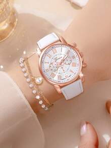 5pcs/Set Fashion PU Leather Strap Alloy Quartz Watch Set - White - View 3