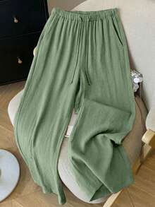 Women's Lightweight Breathable Loose Pants, High-Waisted Wide-Leg Design, Ideal For Beach Vacation And Casual Daily Wear In Summer - Green - View 1