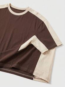 Summer New Men's Brown & Apricot Color Block Short Sleeve T-Shirt, Casual Versatile All-Match Round Neck Contrast Color Retro Top - Brown - View 6