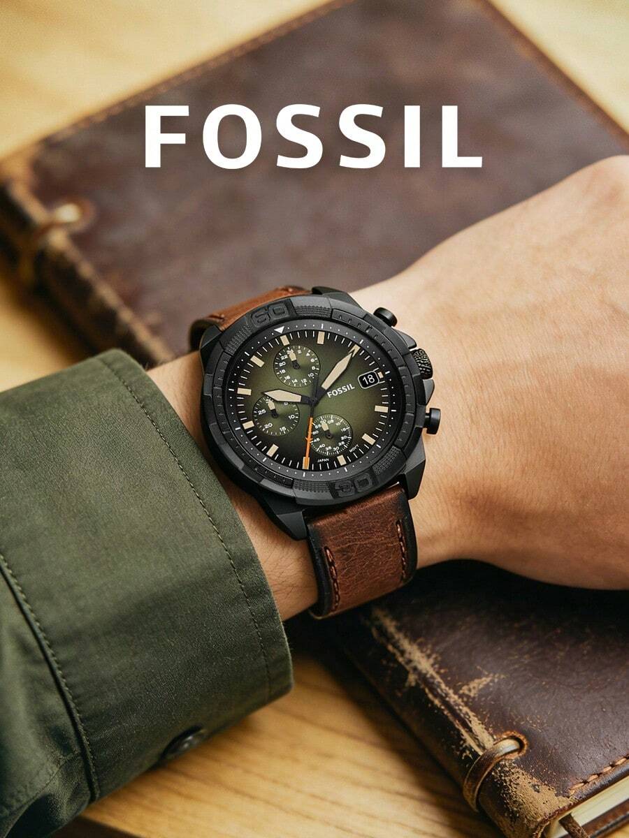 Fossil 男士计时腕表,奢华品牌 Bronson,橄榄绿表盘,黑色 IP 表壳,棕色皮表带,战术运动腕表 | 夜光指针,3 个小表盘,日期显示,模拟石英机芯,经久耐用,适合户外活动、生日、父亲节、毕业典礼、徒步旅行等场合。 - 棕色 - 查看 1