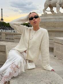 VIBEWAVE Off-White Round Neck Single-Breasted Short Faux Mink Knit Cardigan For Women, Exuding French Gentle And Sophisticated Style, Perfect For Spring And Autumn Dates, Travel, Street Style, And Commuting. - Dark Grey - View 7