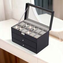 Watch, Glasses, Jewelry Organizer, 3-Tier Display Storage Box, 12 Watch Slots, 6 Glasses Compartments, Large Glass Lid, Accessory Organizer, Black PU Velvet Box With Glass Lid And Lock - Black - View 7