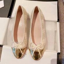 Chaussures plates pour femmes avec nœud, nouveau modèle 2026, talon plat, chaussures de ballet bicolores, bout rond, chaussures à enfiler peu profondes - Abricot à gros grains - Voir 2