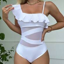 2026 Sexy New Ruffle Mesh Patchwork One-Piece Swimsuit - White - View 2