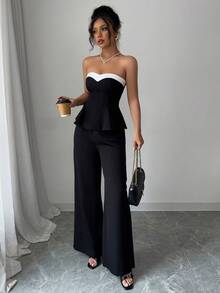 xheElenzga Set de 2 piezas de top tubo y pantalones de pierna ancha de color contrastante para mujerxhe - Negro - Ver 1