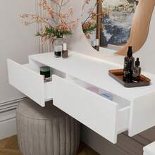 Table de maquillage multifonctionnelle avec grand espace de rangement dans le tiroir, étagère de rangement cosmétique de 110 cm de large économisant l'espace. Disponible en deux couleurs, idéale pour ranger les produits de soins de la peau, les cosmétiques et les articles de toilette dans les chambres à coucher et les salles de bain. - Multicolore - Voir 2