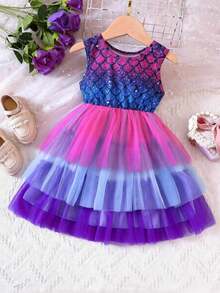 Young Girl Mermaid Sleeveless Vest Net Yarn Spliced Dress, Summer Gradient Color Princess Cake Dress - Purple - View 1