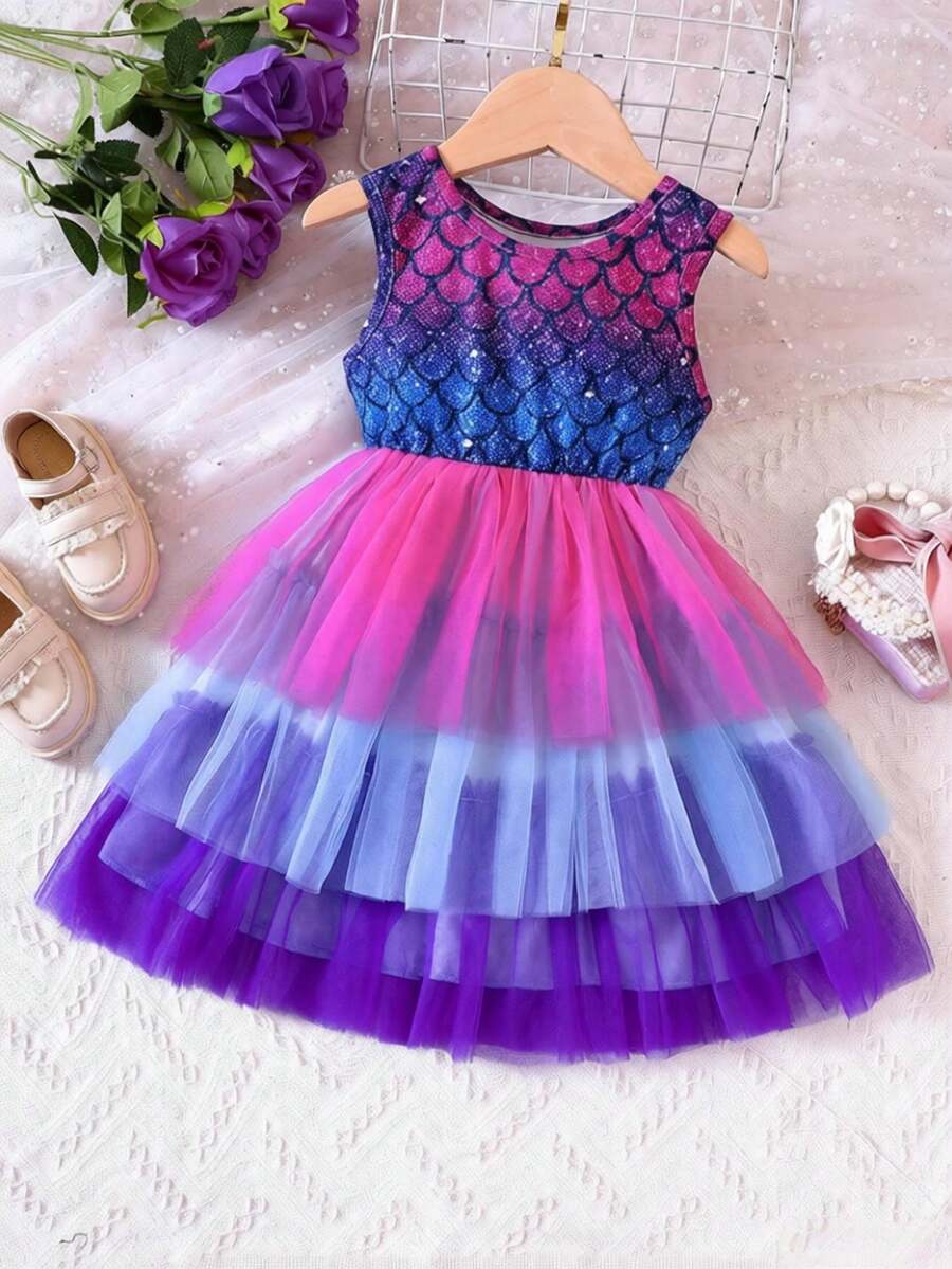 Young Girl Mermaid Sleeveless Vest Net Yarn Spliced Dress, Summer Gradient Color Princess Cake Dress - Purple - View 1