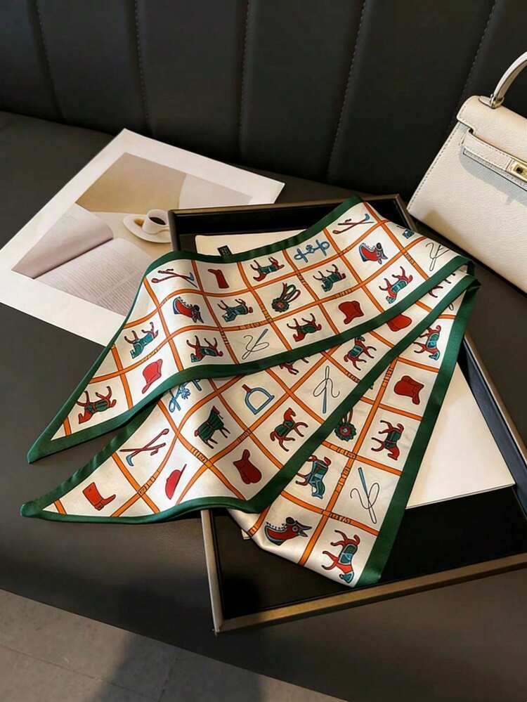 1pc Long Scarf With Double-Sided Landscape Print, Silk-Feel Fabric Suitable For Women In Spring, Summer And Autumn, Can Be Worn As Neck Scarf, Belt, Hair Tie Or Headband To Match Shirts And Jeans - Multicolored Carriage - View 14