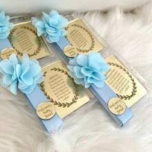 Islamic Custom Gift Box For Festival Blessing Wedding Celebration Aqeeqah Ritual Party Favors Event Decorations - Light Blue Flowers + Light Blue Ribbon + Gold Arabic - View 2