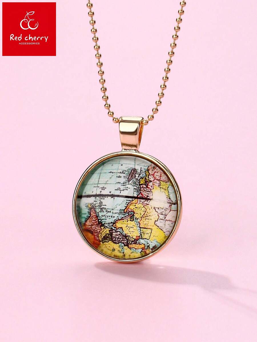 1pc Cartoon Fashionable Retro Geometric Globe Map Necklace, Suitable For Daily Wear, Gift, Holiday - Multicolor - View 1
