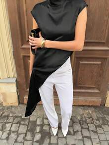 Damen-Top im französischen Stil, einfarbig, asymmetrisch, Schwarz, leicht, elegant, bequem, lässig, für Sommer, Party, Abend und Dinner, Essential - Schwarz - Übersicht 3