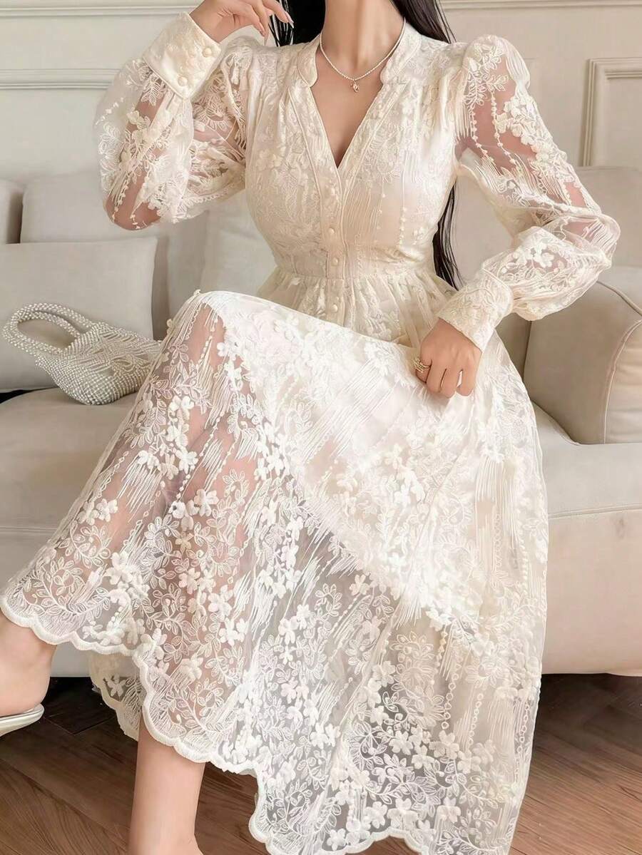 Vestido midi de mujer con cuello en V de encaje y mangas de pétalo, vestido de invitada de boda de primavera/verano - Beis - Ver 1