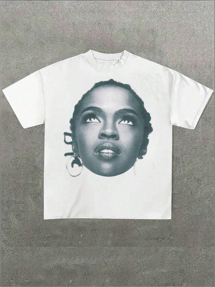 Lauryn Hill "Dreadlocks" Retro Graphic T-Shirt With Vintage Studio Portrait Print, Casual Print, Comfortable And Versatile, 100% Thick 220g Cotton, Unisex Style, 1 Piece - 白色 - 查看 1