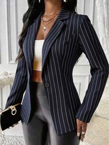 Women's Fashion Pinstripe Blazer, Single Button Slim Fit, Suitable For Formal And Business Occasions In Autumn And Winter. - Navy Blue - View 4