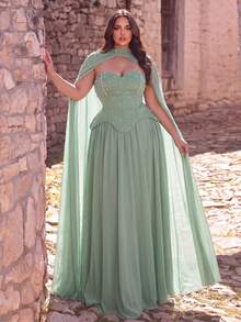 Faeriesty Đầm dạ hội dáng dài size lớn trang trí ngọc trai thanh lịch kèm khăn choàng rời, phù hợp cho khách mời đám cưới, lễ tốt nghiệp, dạ hội, tiệc tối trang trọng - Màu xanh Bạc hà - Xem 4