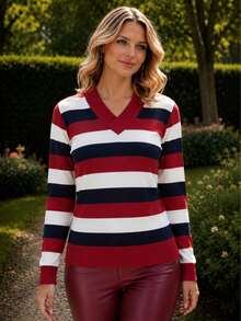 Women's Cold Weather Blouse | Women's Striped Long Sleeve Blouse | Striped V-Neck Blouse | Stripes - 紅色 - 查看 3