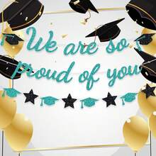 Teal Glitter 'We Are So Proud Of You' Graduation Banner - Class Of 2026 Party Decorations - Teal - View 3
