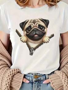 Women's Graphic T-Shirt, Short Sleeve, Round Neck, Casual, Comfortable, Cool, Lightweight, Modern, Youthful, Regular Fit, Pug Dog Print, Puppy, Dog Lover, Smiling Face - 白色 - 查看 6