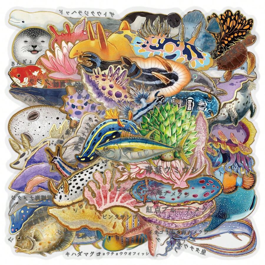 50張透明動物貼紙、魚類貼紙、卡通貼紙、海洋貼紙、釣魚貼紙、防水貼紙、美感筆記本貼紙、滑板貼紙、水壺貼紙 - 銀色 - 查看 1