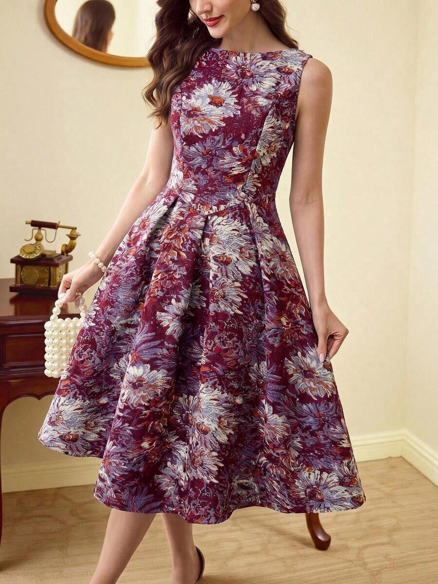 xheVintamour Vestido de mujer elegante y clásico vintage, vestido ajustado de jacquard para primavera/verano, vestido de escote barco, vestido floral rosa sobre base albaricoque, vestido rosa, vestido de vuelo de longitud mediaxhe - Burdeos - Ver 1