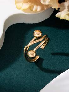 1pc Luxury Gold Double Pearl Open Wave Line Design Summer Beach Vacation Commute Versatile Women's Ring - Yellow Gold - View 3