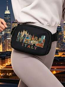 1pc Milan Italy Pattern Mini Crossbody Bag, Adjustable Shoulder Strap Italian Print Waist Bag, Nylon Small Waist Bag, Sports Fitness Waterproof Storage Bag, Multifunctional Crossbody Chest Bag, Small Waist Bag, Fitness Running Travel Hiking, Back To School Gift - Multicolor - View 2