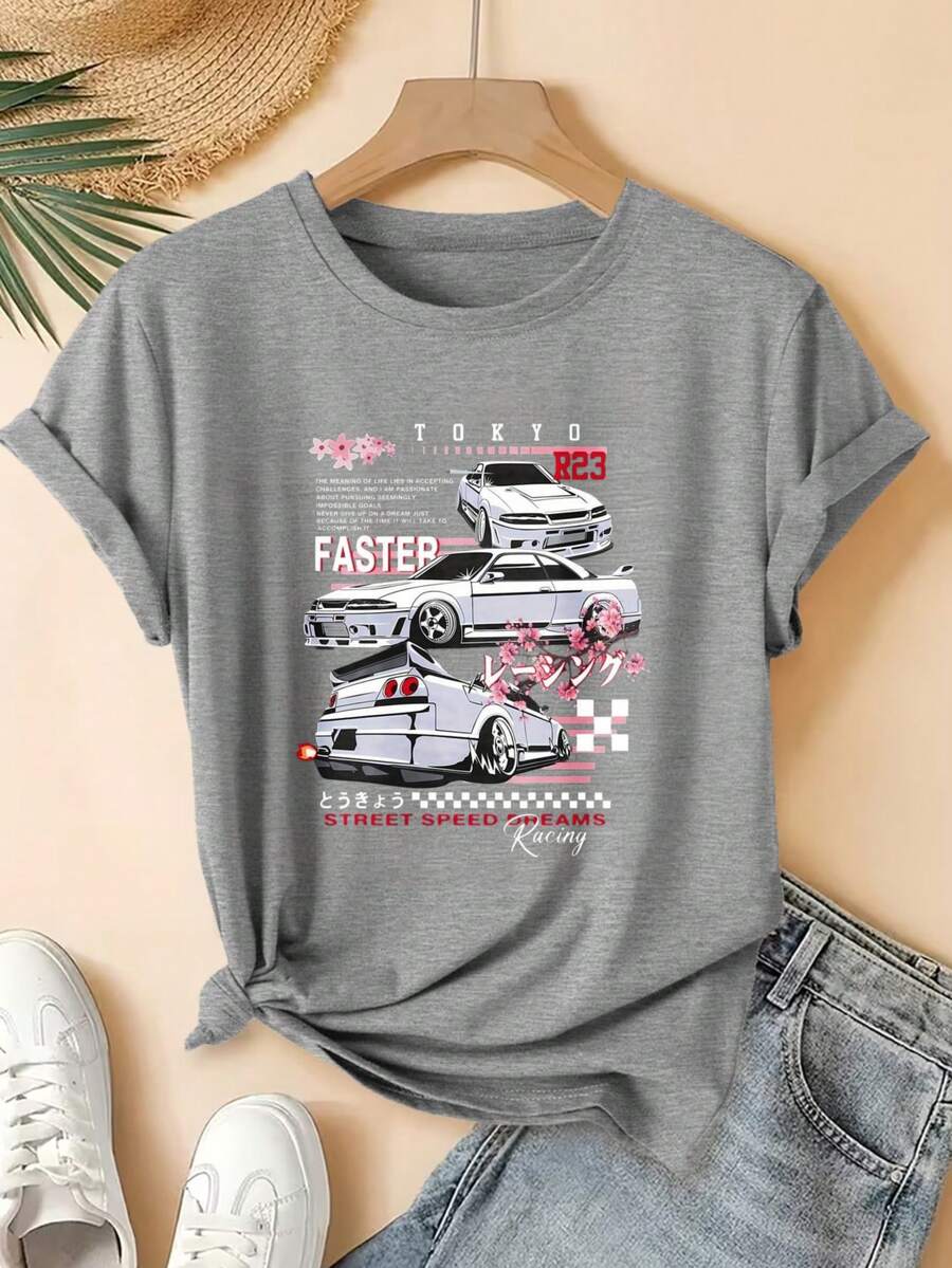 Tokyo Racing Cars Street Speed Digital Print Short Sleeve Unisex Pure Cotton Loose And Comfortable - Grey - View 1