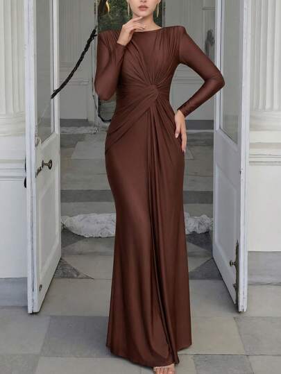 Vestido largo de manga larga plisado color rosa, elegante para otoño/invierno y primavera