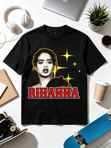 Retro Cartoon Glitter Print Shirt. Soft Fabric, Loose, Everyday Casual T-Shirt. - Black - View 1