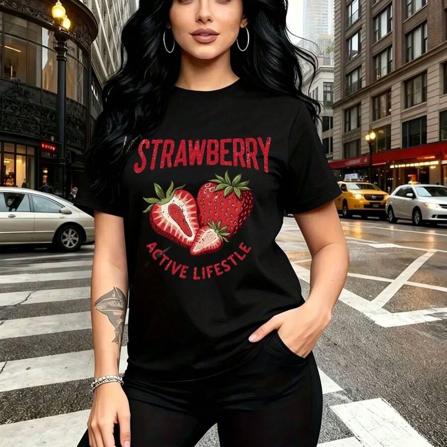 Camiseta de mujer con estampado "STRAWBERRY" y fresas rojas sobre fondo negro, diseño gráfico moderno con frase "ACTIVE LIFESTYLE" - camiseta casual de manga corta con ajuste cómodo y estilo urbano vibrante - ideal para paseos por la ciudad, eventos - Negro - Ver 1