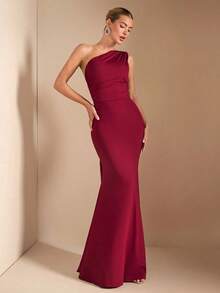 Elegante vestido largo con tirantes de espagueti y cuello asimétrico con lazo, apropiado para citas casuales, salidas, fiestas nocturnas, atuendo navideño, color burdeos - Burdeos - Ver 2