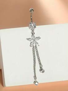 1 pieza Anillo de ombligo para mujer de 14K, colgante de corazón y flor de acero inoxidable, cadena larga de circonita cúbica para piercing de ombligo, diseño hipoalergénico - Piercing en el ombligo - Ver 10