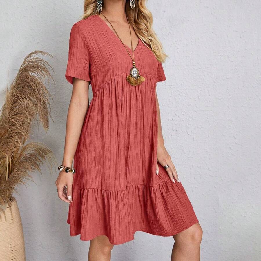 Summer Thin Plus Size Women Dress, Loose Casual Short-Sleeve Waist-Tied Flowy Dress - Đỏ - Xem 1